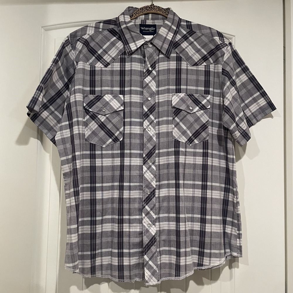 Wrangler Men's Western Shirt Size XL Black Plaid Short Sleeve Pearl Snap Cowboy‎